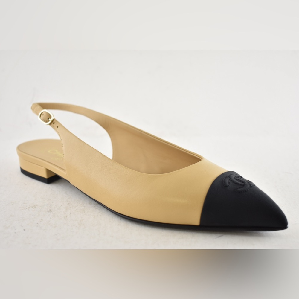 Chanel 24A Beige Leather Black CC Logo Coco Slingback Pointed Ballet Flat 39 - Picture 6 of 15